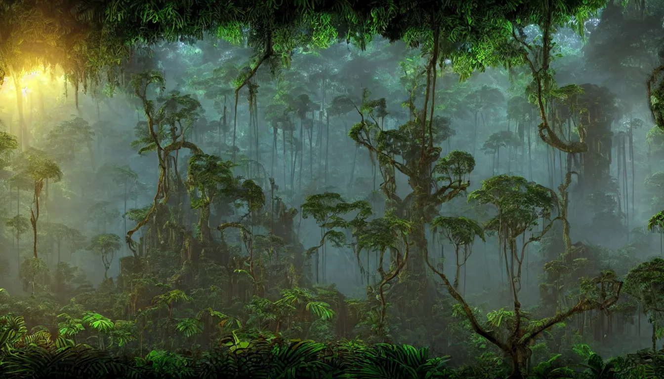 Image similar to deep mayan jungle forest realm biodiversity , side-scrolling 2d platformer game level, swirling clouds of magical mist through the trees, ancient forbidden temple ruins in tre background between the tree trunks, dramatic dusk sun illuminates areas , volumetric light , detailed entangled roots carpet the forest floor, rich color , upscale , 8k