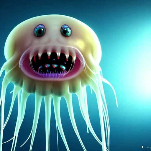 Image similar to a beautiful extreme wide uncropped full body photograph of an entire super cute jellyfish monster with huge sad eyes and sharp fangs in a wide open mouth, highly detailed, smooth, very very clean, 8 k, cinematic movie photograph, cinematic lighting, octane render, zbrush central contest winner, 3 d maya render