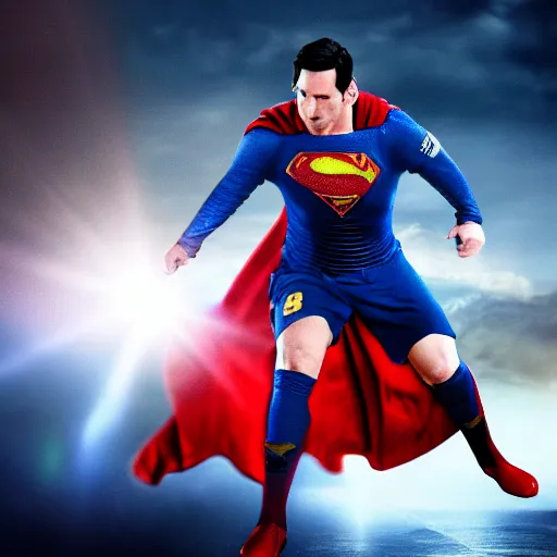 Prompt: lionel messi as superman in man of steel, 8 k resolution, cinematic lighting, anatomically correct