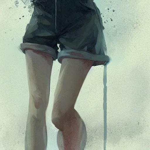 Prompt: Female, soft eyes and narrow chin, dainty figure, single strap paint covered overalls, short shorts, combat boots, raining, basic white background, style of by Jordan Grimmer and greg rutkowski, crisp lines and color,