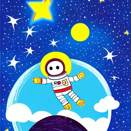 Image similar to cartoon astronaut floating around the moon with a rocket ship and shooting stars in the background, children's book illustration, highly detailed, high quality, bright colors,