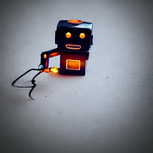 Prompt: a cute little robot sitting on a pen with a lit candle in the background by maxvanzwerg