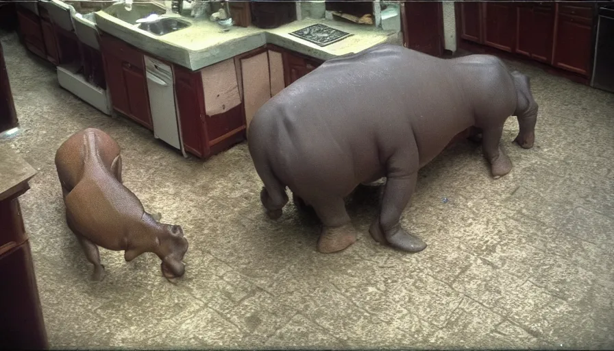 Image similar to a hippopotamus in a kitchen, by mini dv camera, very very low quality, heavy grain, very blurry, accidental flash, webcam footage, found footage, security cam, caught on trail cam