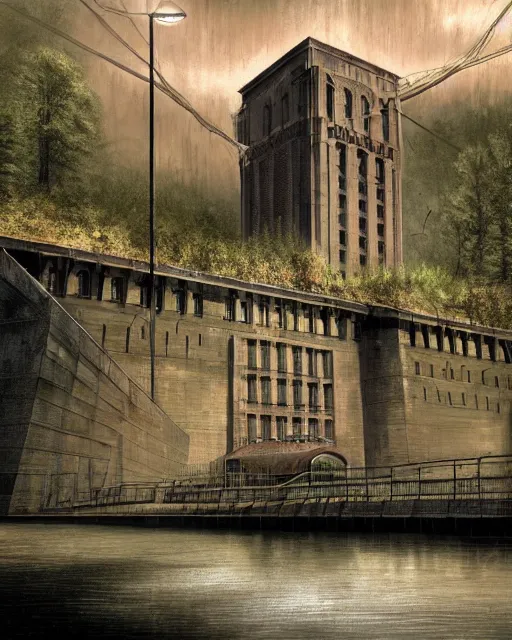 Prompt: illustration of the dam from the 2 0 0 0 s supernatural thriller'the overflow ', a high quality high detail painting by david mattingly and samuel araya and dave mckean and richard corben, hd 4 k 8 k, realistic hyperdetailed scene painting, photorealistic lighting, urban horror aesthetic, composition and scene layout inspired by gregory crewdson and joshua hoffne.