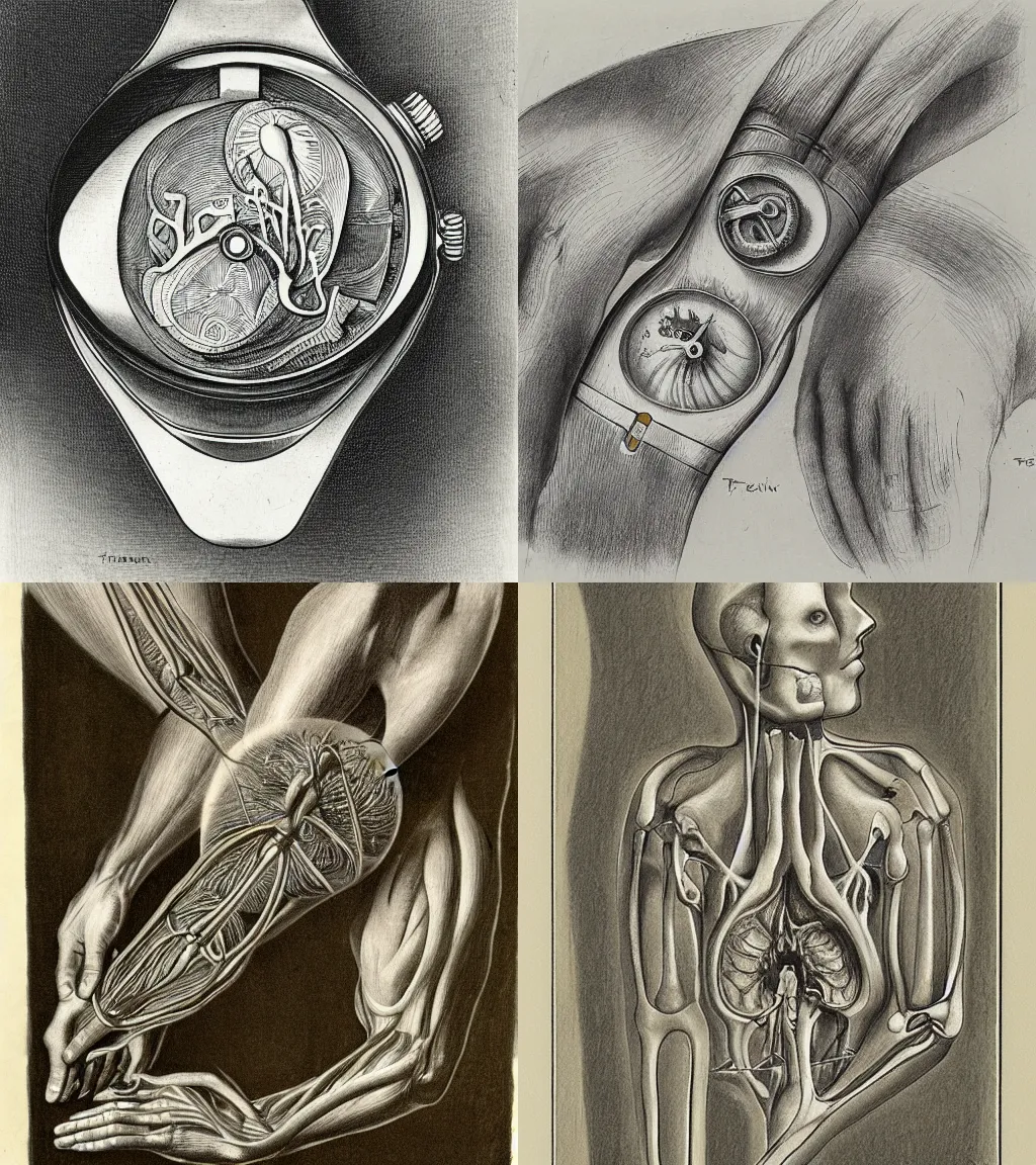 Prompt: anatomical sketch of watch by max ernst and tiffany bozic