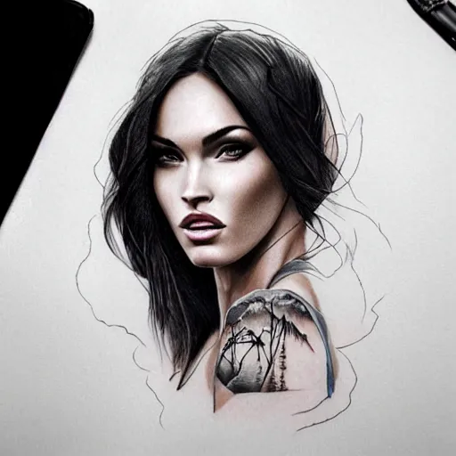 Image similar to realism tattoo sketch of double exposure megan fox with beautiful mountain scenery, in the style of andrey lukovnikov