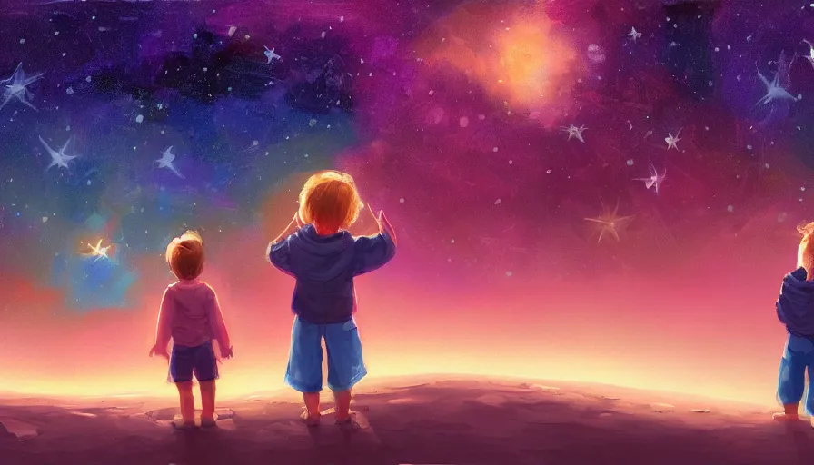 Prompt: Digital painting of a child pointing to the colorful stars in the sky, hyperdetailed, artstation, cgsociety, 8k
