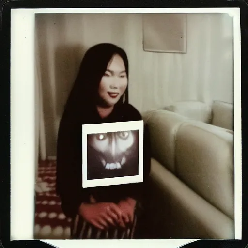 Image similar to polaroid photo of hantu in living room interior