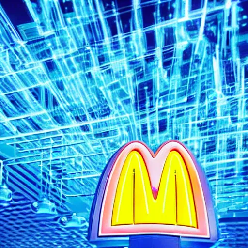 Image similar to closeup portrait of an ethereal mcdonalds made of blue light, divine, cyberspace, mysterious, dark high-contrast concept art