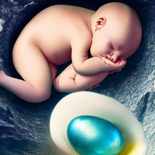 Image similar to a baby mermaid sleeping in an cracked egg, ultrarealistic, dramatic lighting, high details, 4 k, 8 k, best, accurate, trending on artstation, artstation, photorealism, ultrarealistic, digital painting, style of anne geddes