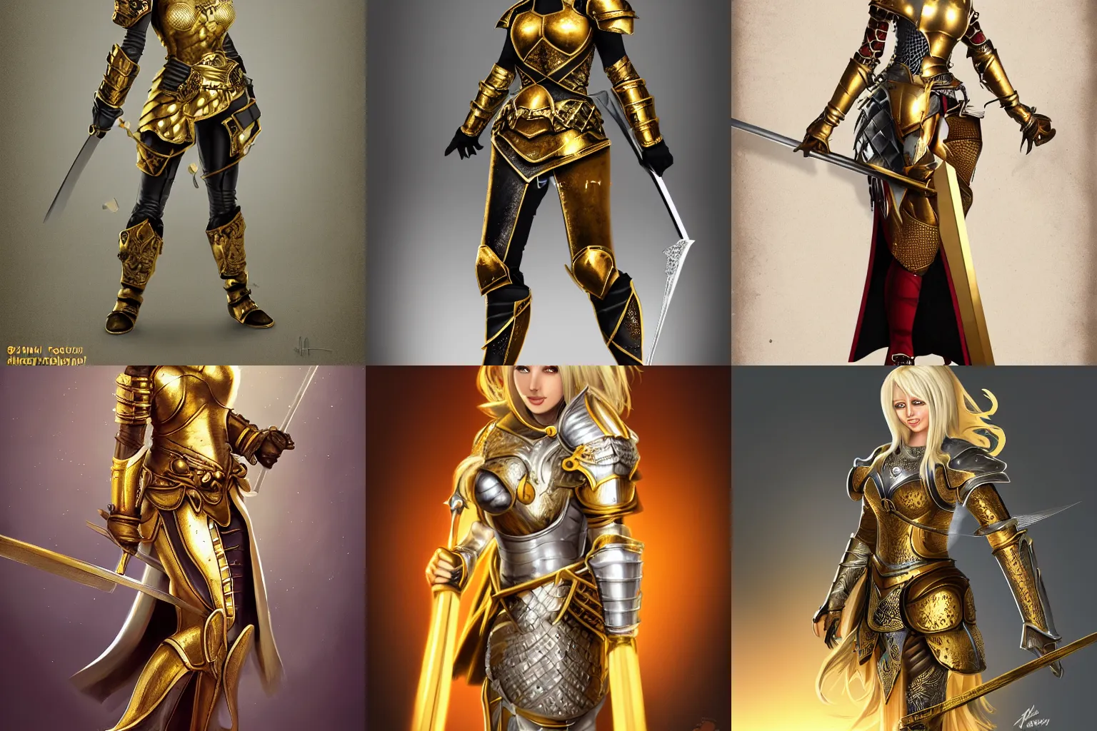 Prompt: Blond Lady Knight in an ornamental Gold and Black armor, fantasy, trending on Artstation, trending on Deviantart, artstationHQ, artstationHD, full color H- 768