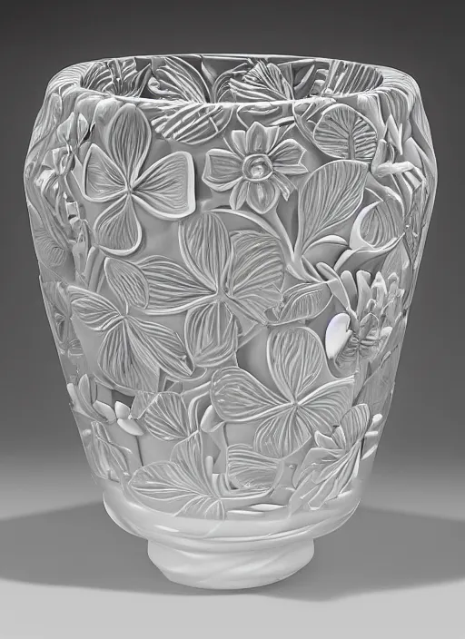 Image similar to Escher inspired flowerpot, with flowers, designed by Rene Lalique