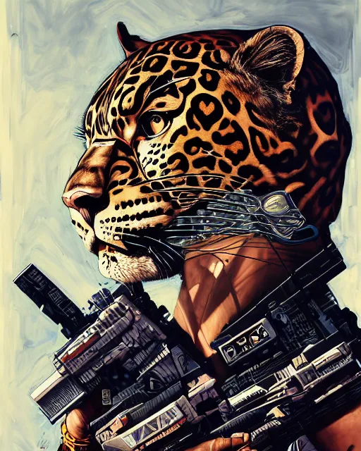 Image similar to a portrait of a muscular anthropomorphic cyberpunk leopard by sandra chevrier, by jon foster, detailed render, pistol in holster, tape deck, epic composition, cybernetics, 4 k realistic, cryengine, realistic shaded lighting, sharp focus, masterpiece, by enki bilal