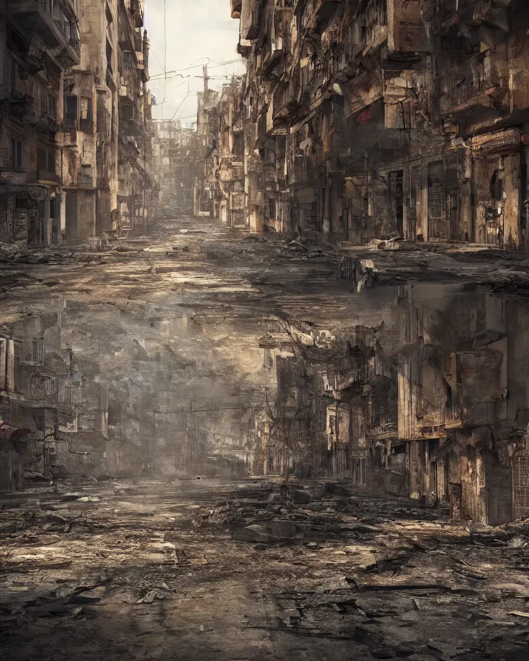 Image similar to abandoned streets of post-apocalyptic Barcelona, ghost town, octane, 3d render, extremely detailed