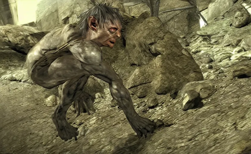 Image similar to a screenshot of gollum as solid snake in metal gear solid 3,