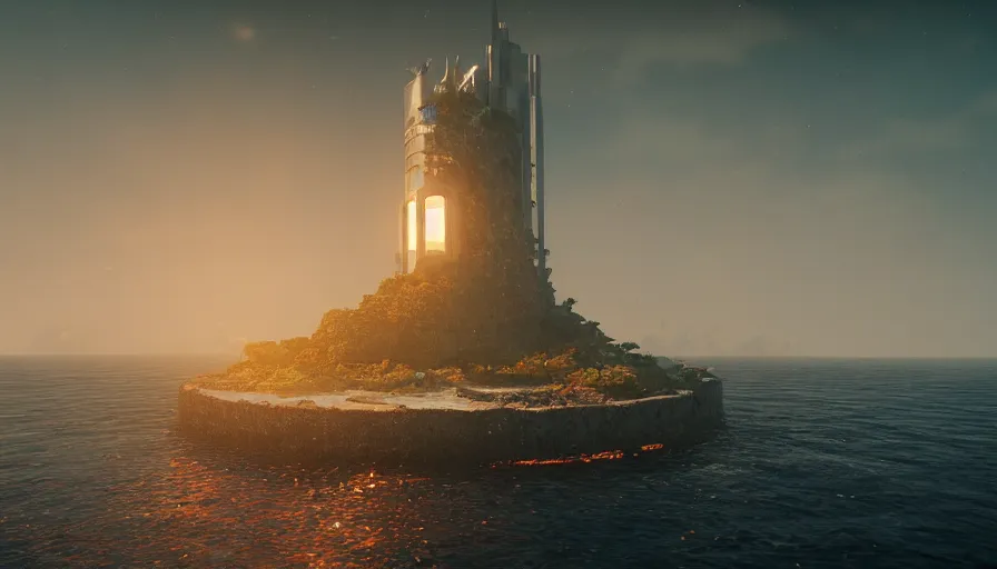 Image similar to a island in the middle of the ocean with a large cyberpunk tower on it, octane, redshift, volumetric lighting, reflections