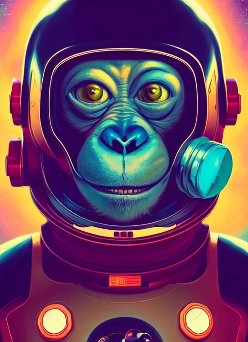 Prompt: retrofuturistic portrait of an monkey in astro suit, space graphics art in background, close up, wlop, dan mumford, artgerm, liam brazier, peter mohrbacher, 8 k, raw, featured in artstation, octane render, cinematic, elegant, intricate, 8 k