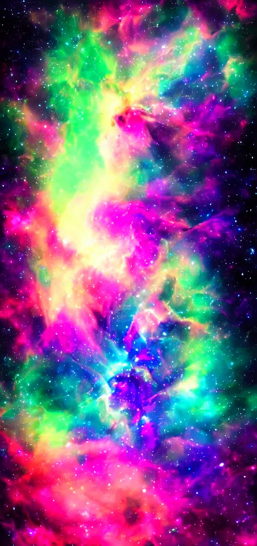 Prompt: Deep space scene nebula. Artgerm. psychedelic. neon colors