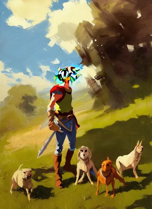 Image similar to Greg Manchess painting of Link from Legend of Zelda in casual wear out with the dogs, countryside, fantasy character portrait, dynamic pose, above view, sunny day, thunder clouds in the sky, artwork by Jeremy Lipkin and Giuseppe Dangelico Pino and Michael Garmash and Rob Rey, very coherent asymmetrical artwork, sharp edges, perfect face, simple form, wacky, 100mm