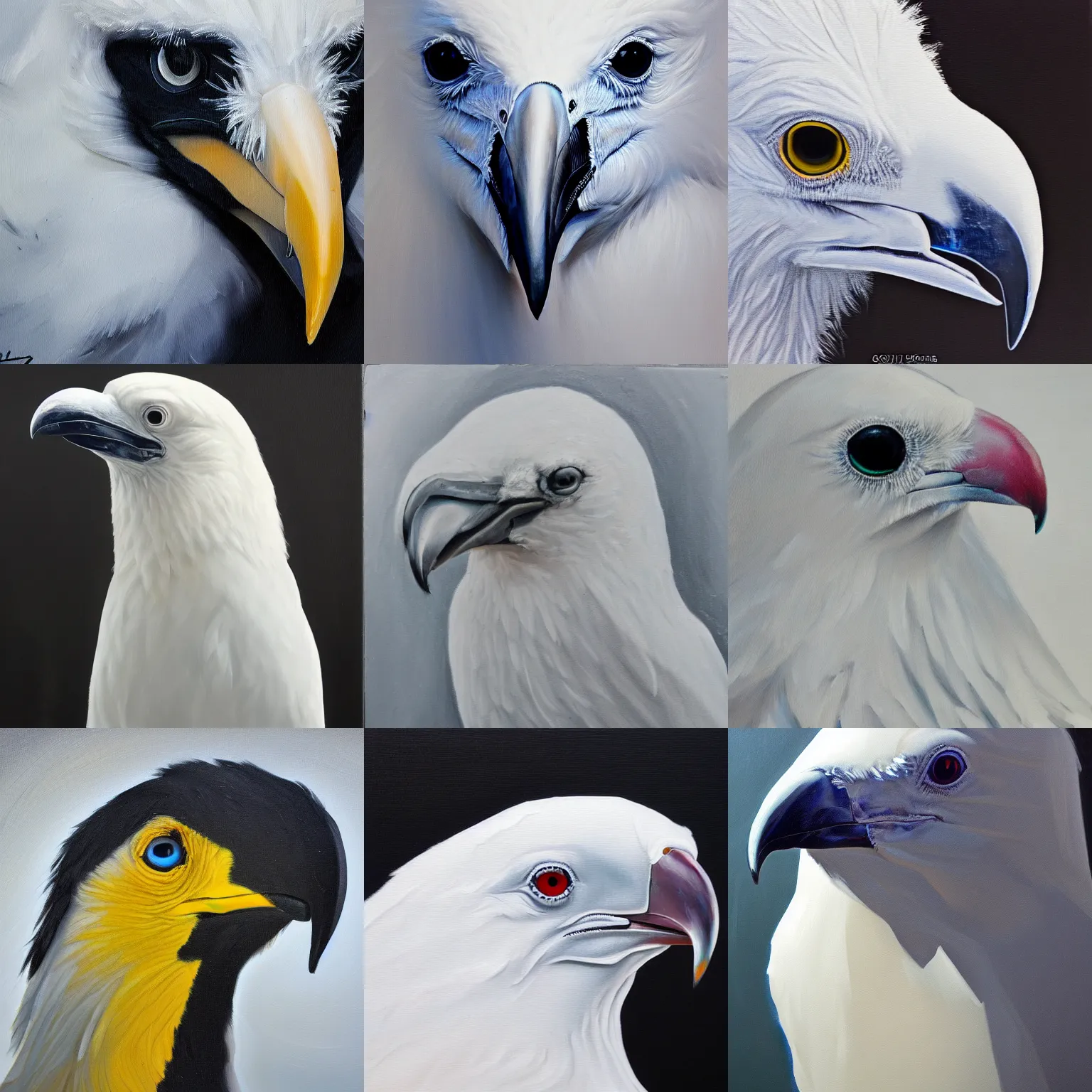 Image similar to closeup of an albino raven, high contrast, oil paint, extremely detailed