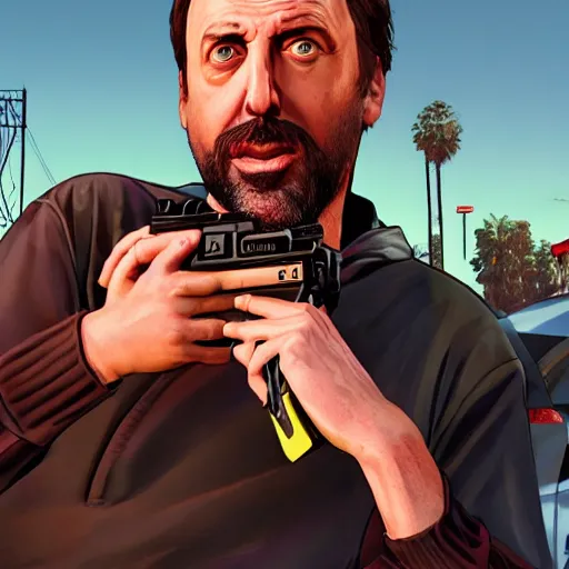 Image similar to Tom Green in GTA V cover, rockstar games, no text,