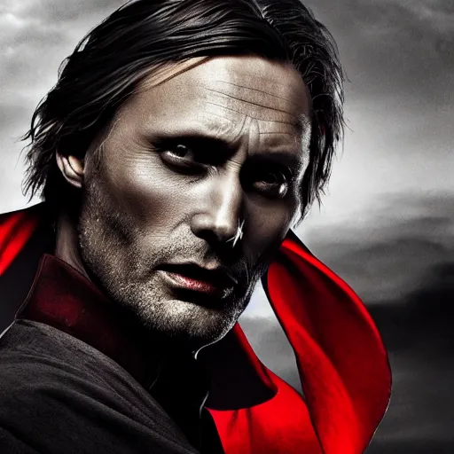 Image similar to mads mikkelsen as a vampire, male, late - 4 0 s aged, shoulder length hair, slicked black hair, red eyes, clean shaven, wearing a cape, regal, royal, grim facial expression, high medieval fantasy, full color digital art, concept art, wide shot.