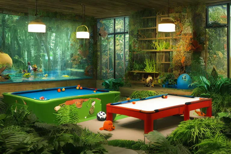 Prompt: fisher price pool table snowy jungle, octane render 85mm