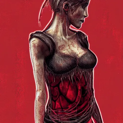 Image similar to detailed half body digital art for a game of a beautiful woman wearing ragged and ruined clothes merged with mushrooms. the background is pure red. dramatic camera angle