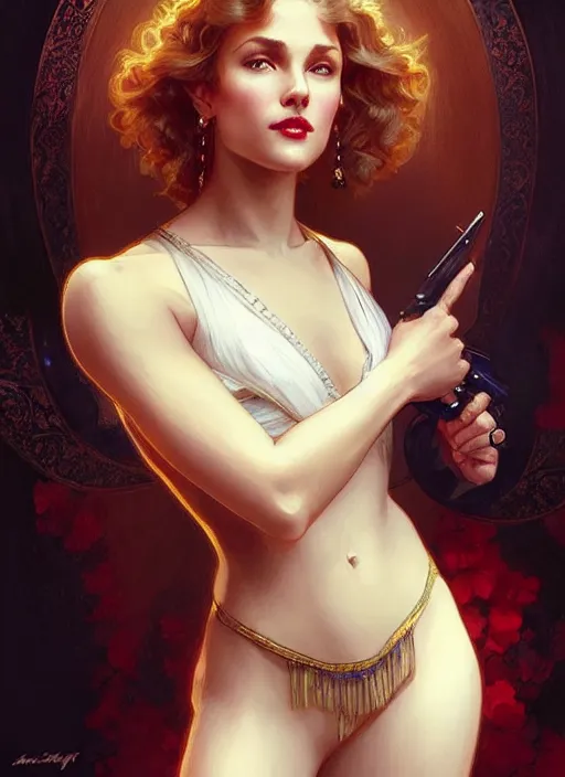 Image similar to “ a beautiful young beau garrett as femme fatale smiling and winking, intricate, elegant, highly detailed, digital painting, artstation, concept art, smooth, sharp focus uhd 8 k, art by artgerm and greg rutkowski and alphonse mucha ”