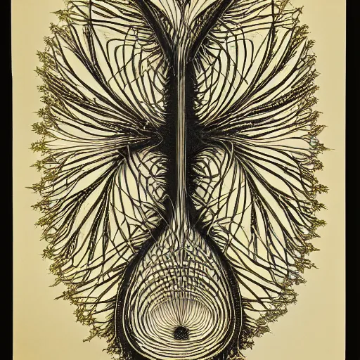 Prompt: diagram of interdimensional dendrite in non - eucledian space by ernst haeckel and geoff darrow, asymmetrical, black background, ink and watercolor