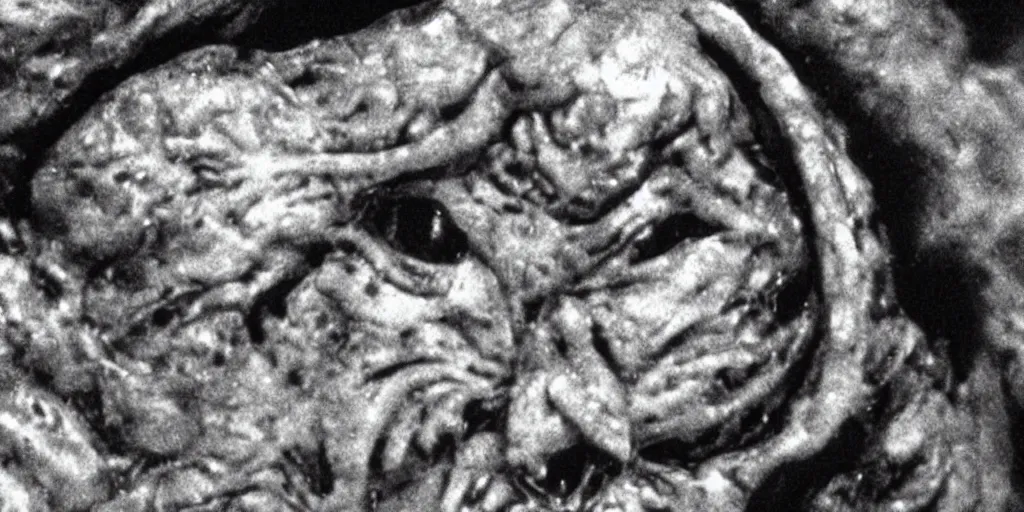 Image similar to filmic close up dutch angle movie still 35mm film color photograph of the snarling distorted deformed human face of a mutated abstract shape shifting organism made of human internal organs, disgusting dissected human tissue with a variety of grotesquely randomly strewn together animal limbs, in the style of a horror film The Thing 1982