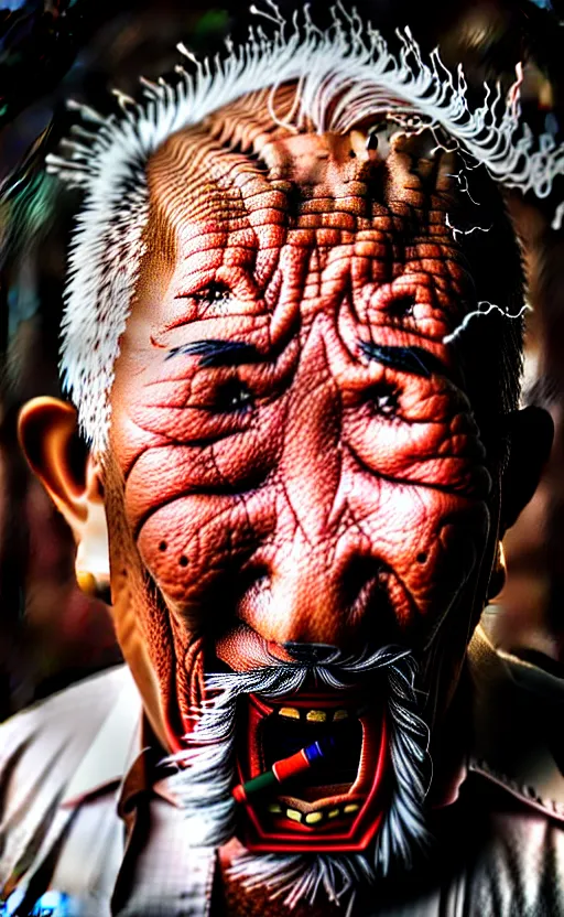 Image similar to screaming old asian man with beard, his head covered in jewels, full face silver mask, glowing eyes, wearing a wooden stick, smoke around him, in the dry rock desert, cinematic shot, wide angle, desert background, award winning photography, 8k, in the style of David Lynch, Alejandro Jodorowsky and Gaspar Noe