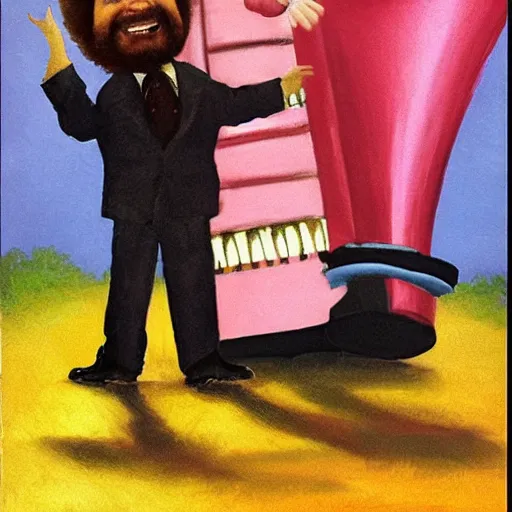 Prompt: bob ross screaming at a giant pink tuba