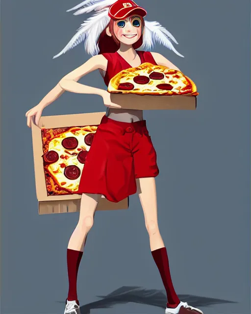 Image similar to female harpy as a pizza delivery woman, bird human hybrid with feathery bird arms and talon bird feet, holding a cardboard pizza box, wearing a pizza delivery uniform. feathers for hair, cute, dynamic character design, stunning, highly detailed digital painting, artstation, stylized urban fantasy artwork, by artgerm and paul robertson