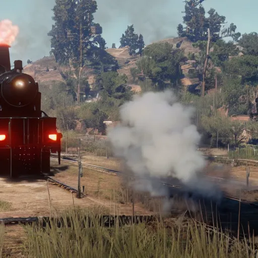 Image similar to futuristic sleek steam locomotive in red dead redemption 2