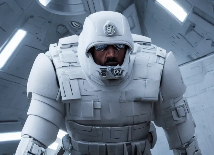 Prompt: menacing general wearing a white uniform, his skin is blue, ultra realistic, 4 k, movie still, uhd, sharp, detailed, cinematic, render, modern