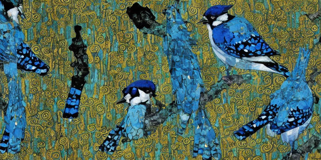Prompt: blue jay bird klimt, swicca gold symbols dnd, green patterned clothes with stitched magical symbols, by bayard wu
