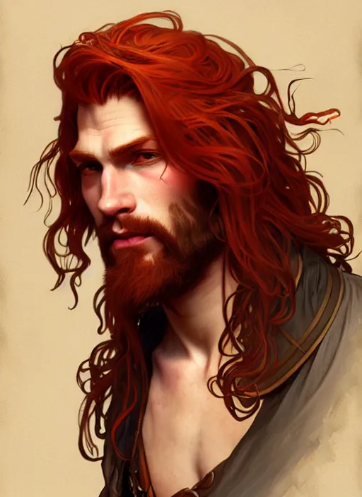 Prompt: portrait of a young ruggedly handsome but joyful pirate, male, masculine, full body, red hair, long hair, d & d, fantasy, intricate, elegant, highly detailed, digital painting, artstation, concept art, matte, sharp focus, illustration, art by alphonse mucha