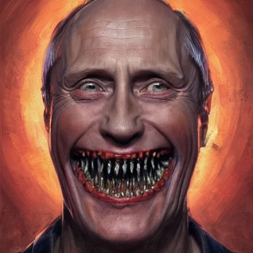 Image similar to a portrait of vladimir putin, flesh eating worms, macabre, horror rotten teeth, by donato giancola and greg rutkowski, wayne barlow, realistic face, visible face, digital art, artstation, symmetry