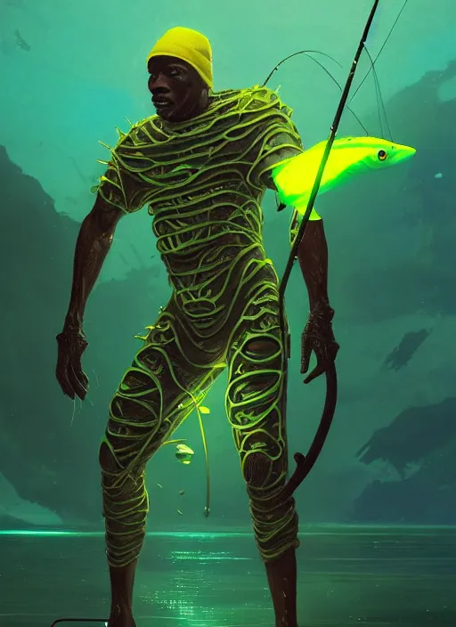 Image similar to portrait of a male jamaican fisherman sci - fi glowing fishing armor fishing rod cyberpunk muscular intricate elegant highly detailed digital painting artstation concept art, ocean background, yellow green black, cinematic, greg rutkowski, loish, rhads, ferdinand knab, makoto shinkai and lois van baarle, ilya kuvshinov, rossdraws, tom bagshaw