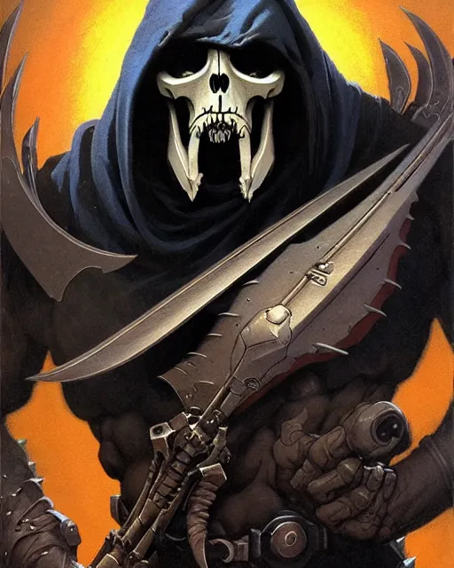 Image similar to reaper from overwatch, heavey metal magazine cover, character portrait, portrait, close up, concept art, intricate details, highly detailed, in the style of frank frazetta, r. giger, esteban maroto, richard corben, pepe moreno, matt howarth, stefano tamburini, tanino liberatore, luis royo and alex ebel