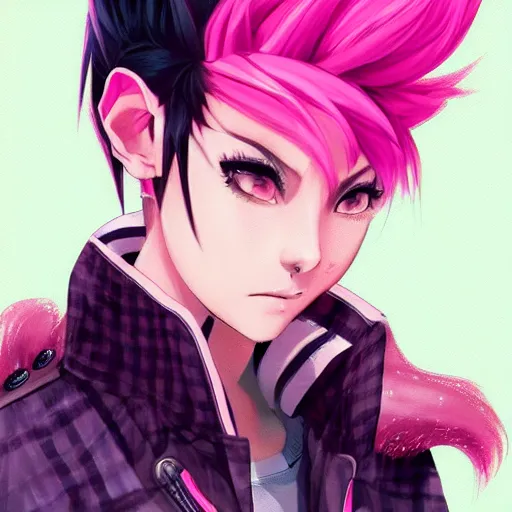 Image similar to full headshot portrait of anime woman with pink mohawk punk, digital art, drawn by WLOP, by Avetetsuya Studios, anime manga panel, trending on artstation, wearing a plaid shirt