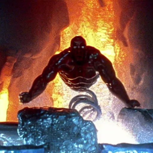 Image similar to film still of dwayne johnson descending into a molten metal pooll with chains and giving a thumbs - up in terminator 2 1 9 9 1, epic, volumetric lighting, hd, 8 k