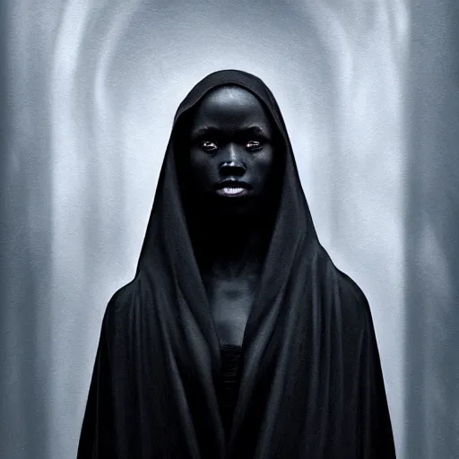 Image similar to a portrait of a young black woman wearing a long dark cloak, hood and shadows covering face, anatomically correct, beautiful perfect face, enigmatic, oil painting, matte painting, black background, Volumetric dynamic lighting, Highly Detailed, Cinematic Lighting, Unreal Engine, 8k, HD, by Beksinski