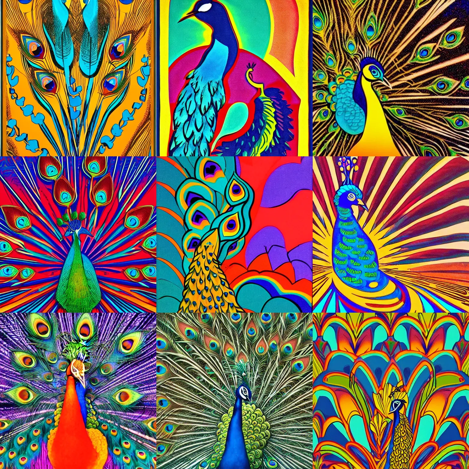 Prompt: peacock in the desert, 7 0 s art deco, groovy, warm colors, funky, abstract, psychedelic