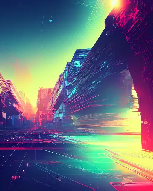 Image similar to Digital world, simulation theory, glitching, scifi, global illumination, unique landscape, fine details, perfect, 8k high detail, masterpiece, trending on ArtStation, by Alena Aenami, Petros Afshar, Liam Wong