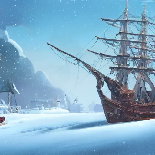 Image similar to beautiful 1600s ship frozen in the snow. Pixar Disney 4K 3d render funny animation movie Oscar winning trending on ArtStation and Behance. Ratatouille style.