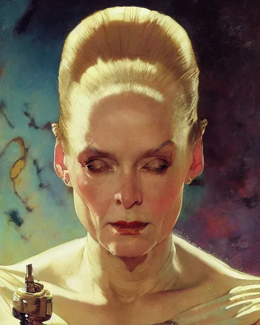 Image similar to head portrait of elegant striking mature space woman, empress, by norman rockwell, roberto ferri, daniel gerhartz, edd cartier, jack kirby, howard v brown, ruan jia, tom lovell, frank r paul, dean cornwell, astounding stories, amazing, fantasy, other worlds