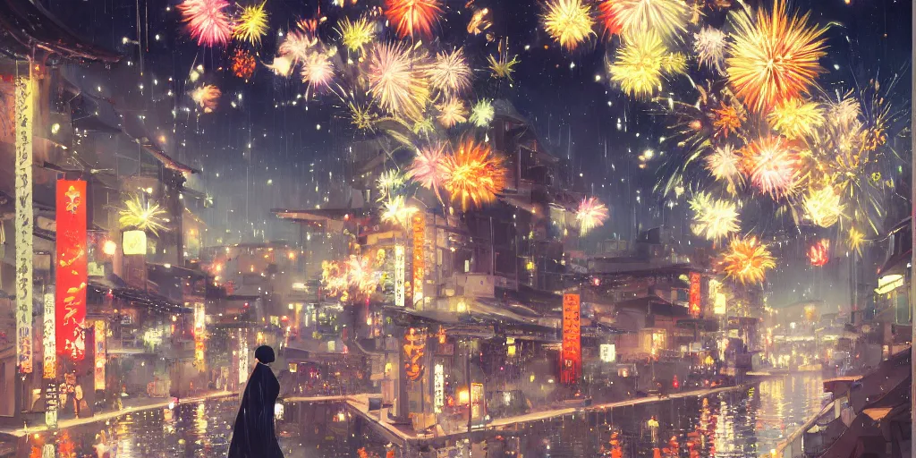 Image similar to anime kyoto animation key by greg rutkowski night, fireworks festival at kamokawa, kimono,