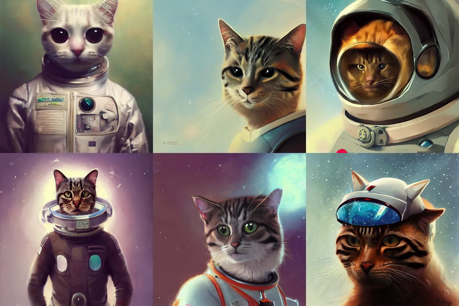 Image similar to head and shoulders masterpiece portrait of a cat wearing a spacesuit, surreal background, digital art by Krenz Cushart, trending on artstation, cgsociety,